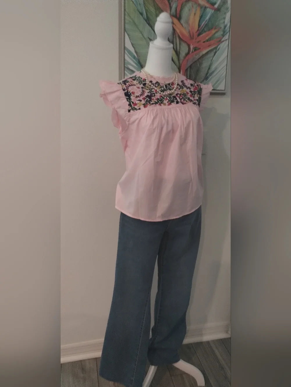 Embroidered Pink Flutter Sleeve Women’s Top - Picture 2 of 6